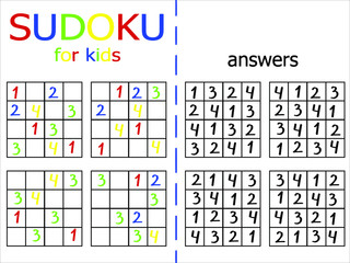 Sudoku puzzle for kids stock vector illustration. Simple sudoku riddle for begginers with answers. Logical math game with numbers. Educational count puzzle for children. Printable educational game. 