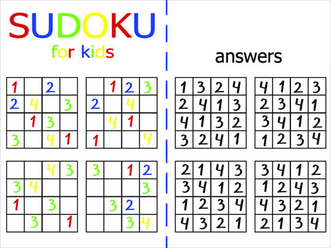 Sudoku puzzle for kids stock vector illustration. Simple sudoku riddle for begginers with answers. Logical math game with numbers. Educational count puzzle for children. Printable educational game. 