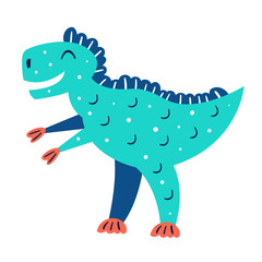 Little cute blue t rex. Prehistoric animals. Jurassic world. Paleontology. Reptile. Archeology. Flat colourful vector illustration, art isolated on white background.