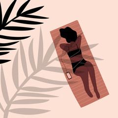 Beauty african american girl sunbathes on the beach under a palm tree. Summer modern illustration for poster, card or placard. Woman listening to music or podcast.