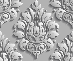 Vector damask seamless pattern background. Elegant luxury texture for wallpapers, backgrounds and page fill. 3D elements with shadows and highlights.