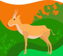 Иллюстрация сайги. Пейзаж с водой, деревьями, песком. Веекторная иллюстрация.