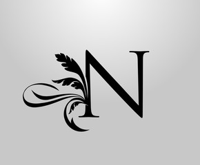 Classic Elegant letter N Floral logo. Vintage drawn Letter Stamp emblem for book design, weeding card, brand name, business card, Restaurant, Boutique, Hotel. 