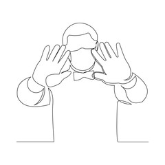 Continuous line drawing of man wearing surgical mask and stop gesture with hand to protect disease, flu, air pollution, pandemic, virus. Vector illustration.