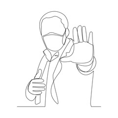Continuous line drawing of man wearing surgical mask and stop gesture with hand to protect disease, flu, air pollution, pandemic, virus. Vector illustration.