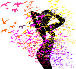 Obraz premium bikini girl and birds graphic design vector art