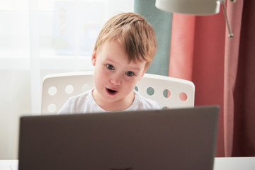 Smiling boy with a laptop. Online lessons