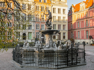 Famous Neptune fountain at Long Market (Dlugi Targ) square in Gdansk, Poland. © Kamil