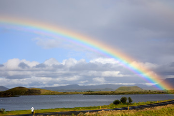 Myvatn / Iceland - August 30, 2017: A spectacular rainbow at lake Myvatn, Iceland, Europe