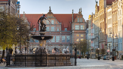 Famous Neptune fountain at Long Market (Dlugi Targ) square in Gdansk, Poland. © Kamil