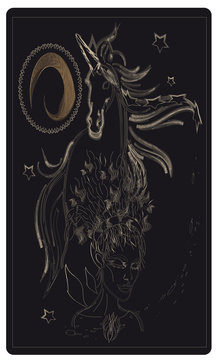 Tarot card back design.  Fairy woman and unicorn