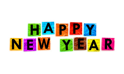 happy new year writing on colorful paper with a white base