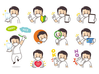 歯科医師の男性バリエーション　初心者マーク　スマートフォン　タブレット　虫眼鏡　クレジットカード　ハート　OK　NO