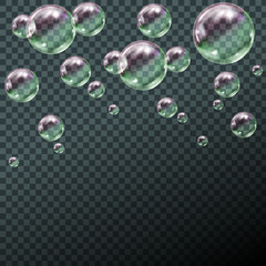 Flying transparent soap bubbles on checkered background.Reaistic colored balls.Vector texture.