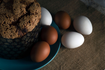 Easter cake on plates with eggs