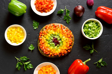 Rainbow veggie bell peppers pizza crust