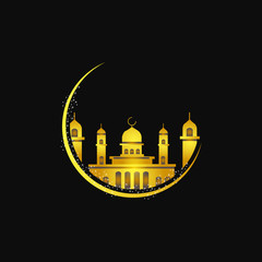 Golden abstract moon and mosque for ramadan kareem and eid mubarak vector design ornament islamic