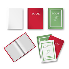 A set of vector books in red white and green isolated on a white background. Templates for empty book bindings, an open book, and a stack of books. Top view or flat layer.Use it as a clip art.