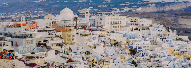 Obraz premium The architecture of the city of Thira on the island of Santorini in Greece. 07/15/2019