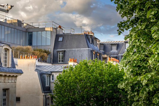 Paris, France - April 17, 2020: Typical roofs of haussmann buildings in Paris