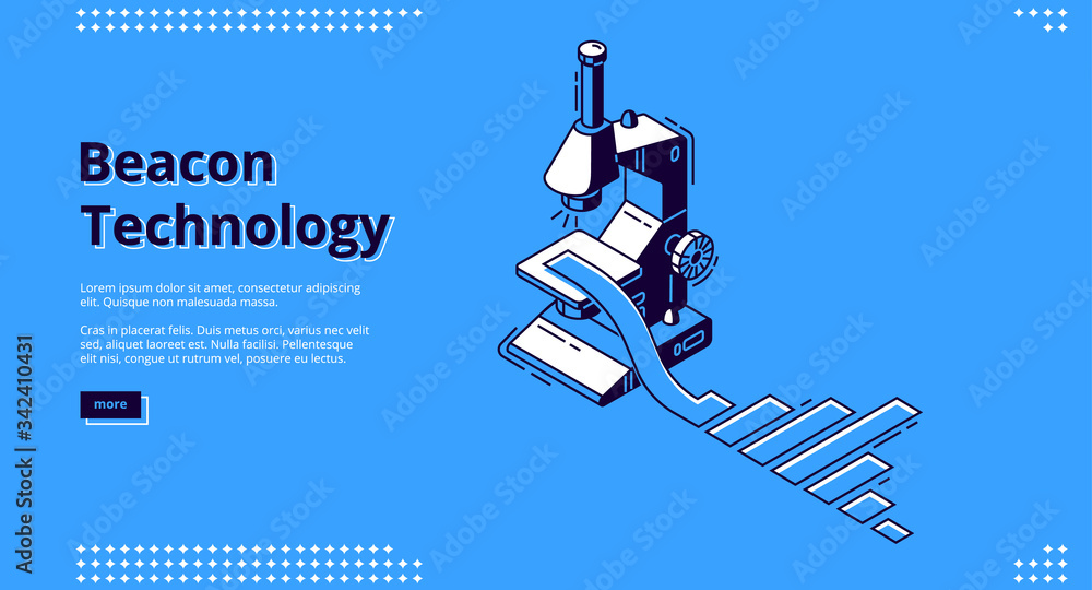 Poster beacon technology isometric landing page. microscope research column chart. internet of things netwo