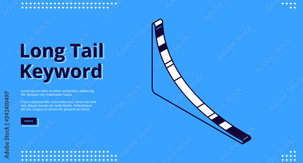 Poster long tail keyword banner with isometric chart on blue background. vector landing page of seo optimiz