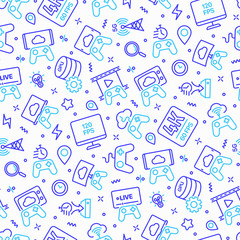 Cloud gaming seamless pattern with thin line icons: play on laptop, 120 FPS, low-latency gameplay, gamepad, wi-fi, live streaming, game controller, 5G technology. Vector illustration.