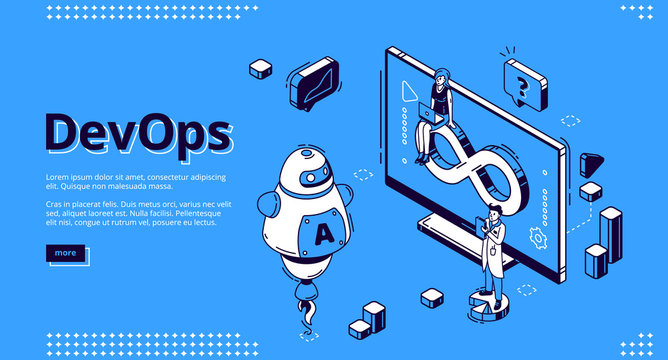 DevOps banner. Concept of development operations, communication of programmers and engineers. Vector landing page of project integration with isometric working people, computer screen and chatbot