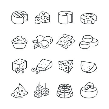Cheese related icons: thin vector icon set, black and white kit