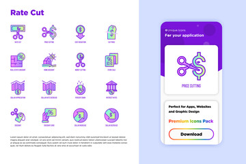 Rate cut mobile user interface and thin line icons set: cutting price, cost reduction, sale, discount, receipt, loyalty card, interest. Modern vector illustration.
