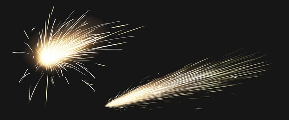 Fototapeta Realistic sparks of weld metal blade, firework petard flare, comet trail. Bright glowing sparkling light of electric circular saw, flying asteroid isolated on black background, 3d vector clip art obraz