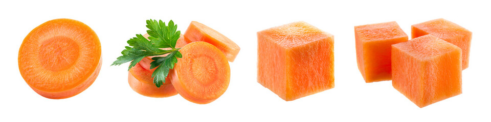 Carrot slice. Carrot isolate. Carrots on white background. Carrot slice, cubes. - obrazy, fototapety, plakaty