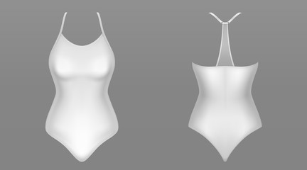 One piece woman swimsuit front and back view. Vector realistic mockup of female beach clothing, suit for swim in sea or pool. White lingerie, beachwear or sport uniform isolated on gray background