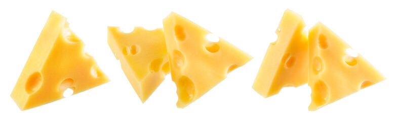 Cheese isolated. Cheese pieces on white background. Cheese collection. Clipping path.