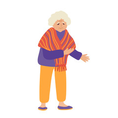 Senior woman isolated on white background. Grandma with a striped  colorful shawl. Yellow pants. Vector illustration of an elderly woman character in flat cartoon style. Full length portrait.