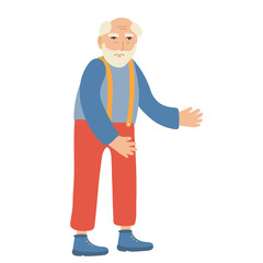 An elderly senior man with a beard isolated on white background. Grandpa. Red pants with suspenders, a blue shirt and boots. Vector illustration of an old man character. Full length portrait.