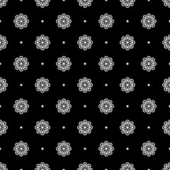 Seamless pattern. Abstract simple flower design. White elements on a black background. Modern minimal illustration perfect for backdrop graphic design, greeting cards, textiles, print, packing, etc.