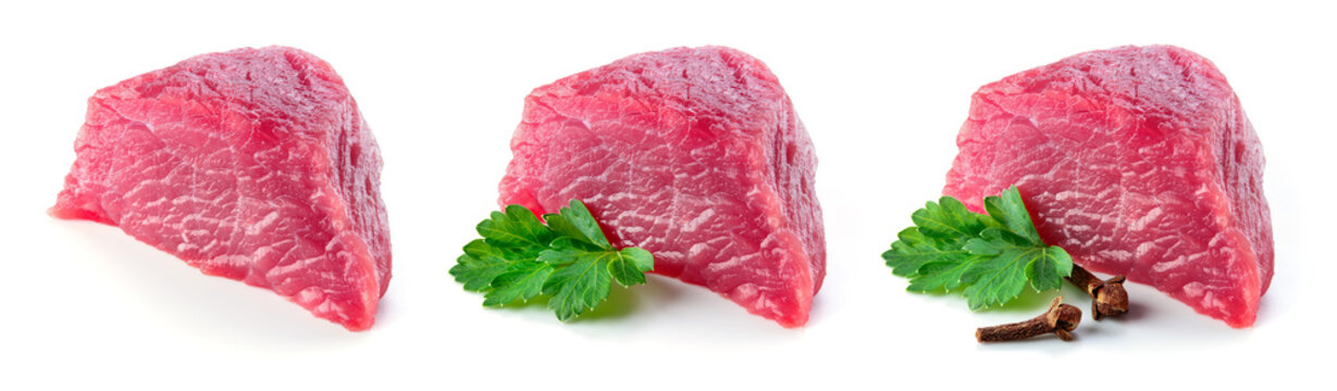 Raw meat. Meat piece. Meat. Set of raw fresh beef. Beef isolated. Meet slice. Full depth of field.