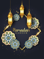 Ramadan Kareem text or Calligraphy. Black and golden template with lantern hanging. Islamic elegant background. vector illustration