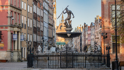 Famous Neptune fountain at Long Market (Dlugi Targ) square in Gdansk, Poland. © Kamil