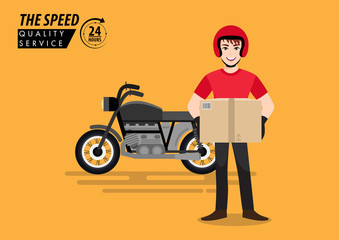 Delivery man. The guy holding the product box and the bike deliver the order with cartoon character design. Flat vector illustration.