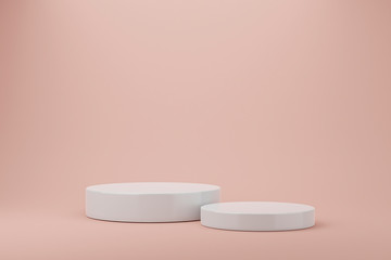White podiums on pink pastel  background. Abstract minimal scene with geometrical. Scene to show cosmetic products presentation. Mock up design empty space. Showcase, shopfront, display case,3d render