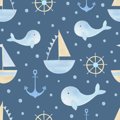 Kids, nursery watercolor seamless pattern on blue background. Nautical, sea background with whale, ship, anchor. For kids textile, children covers, fabric, wallpaper. Cute blue boat. Summer season. 