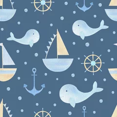 Behang Golven Kinderen, kinderdagverblijf aquarel naadloze patroon op blauwe achtergrond. Nautische, zee achtergrond met walvis, schip, anker. Voor kindertextiel, kinderhoezen, stof, behang. Leuke blauwe boot. Zomerseizoen.