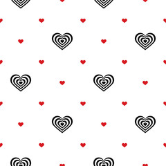 Seamless pattern. Striped black-white and red hearts on white background. Vector illustration. Ideas for holiday designs, backgrounds, greeting cards, holiday prints, designer packaging, textile, etc.