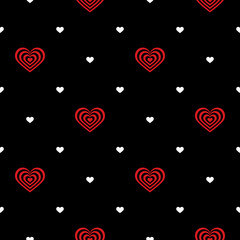 Seamless pattern. Striped black-red and white hearts on black background. Vector illustration. Ideas for holiday designs, backgrounds, greeting cards, holiday prints, designer packaging, textile, etc.