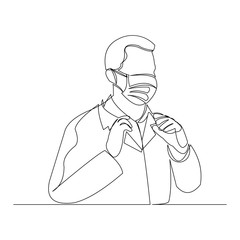 Continuous line drawing of male doctor wearing surgical mask to protect disease, flu, air pollution, pandemic, virus. Vector illustration.