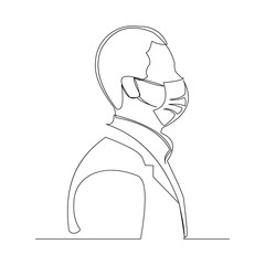 Continuous line drawing of male doctor wearing surgical mask to protect disease, flu, air pollution, pandemic, virus. Vector illustration.