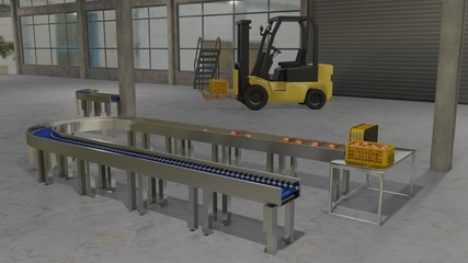 3D illustration of production line unloading and packing oranges in warehouse
