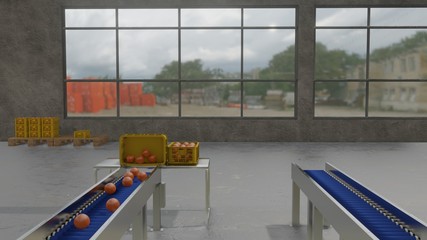 3D illustration of production line unloading and packing oranges in warehouse